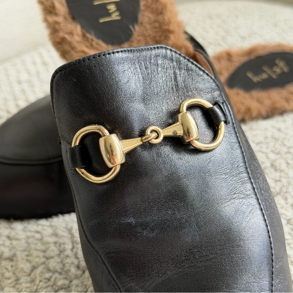Black Fur-Lined Leather Mule Loafers with Gold Horsebit, Made in Spain, Size 8 - Picture 8 of 9